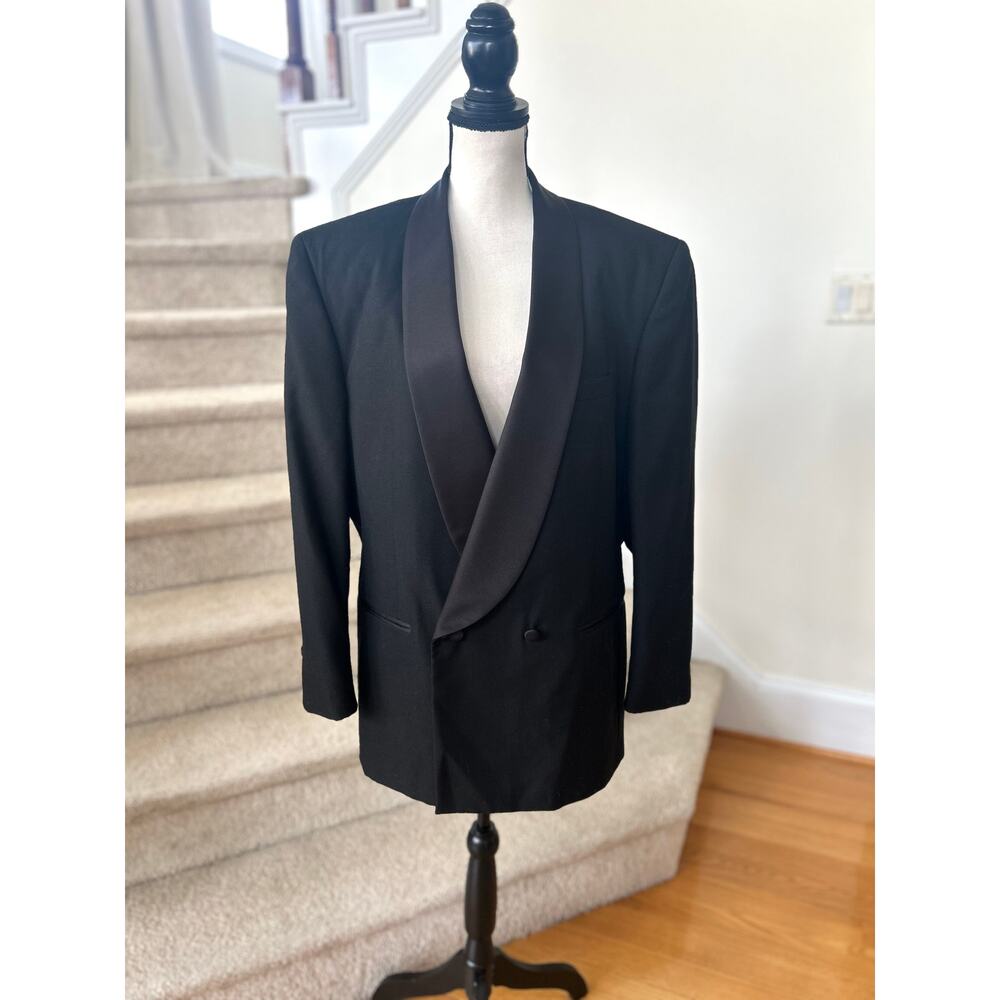 Pierre Balmain Black Wool Satin Shawl Collar Double Breasted Blazer 43R